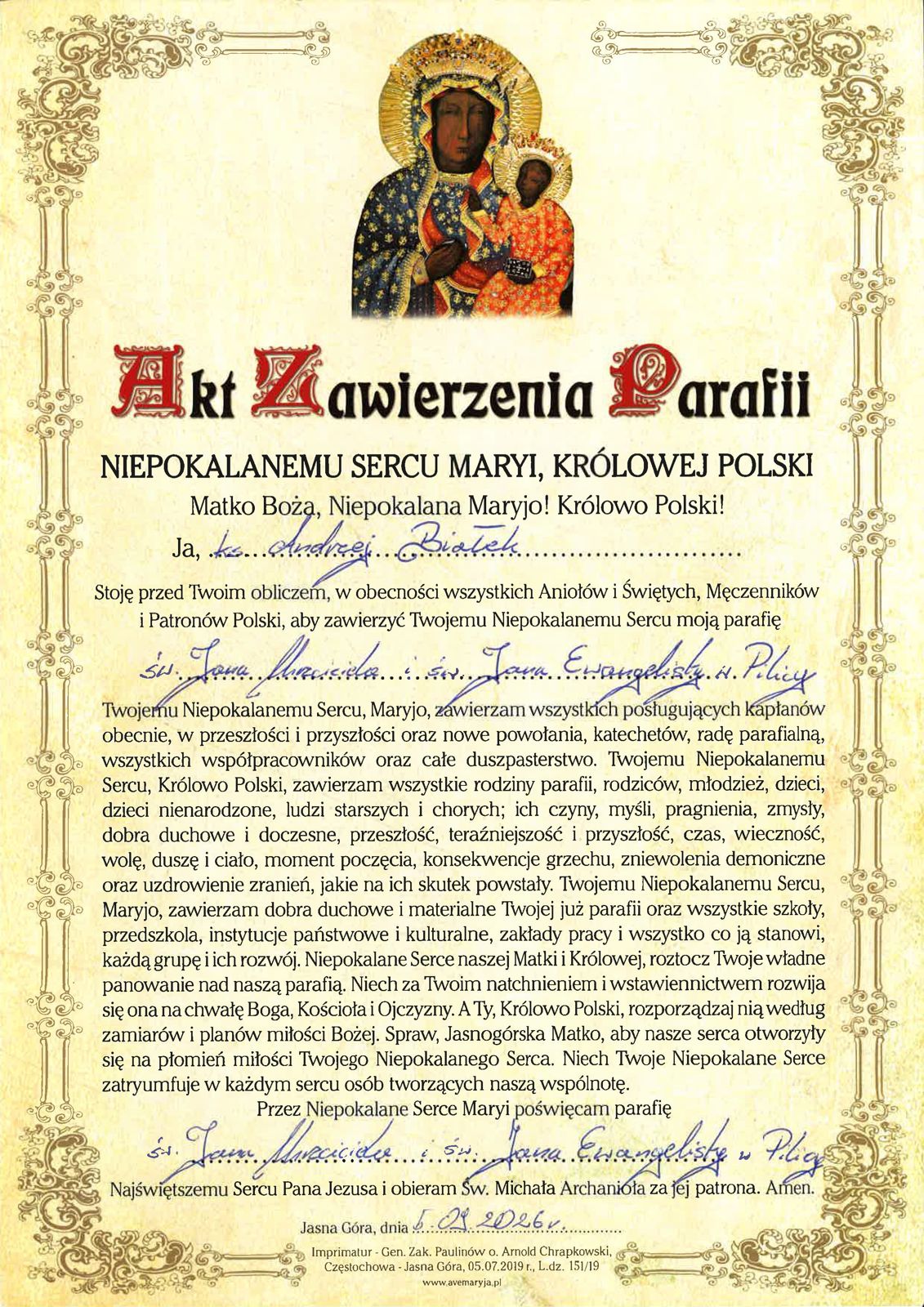 Akt Zawierzenia Parafii – skan dokumentu