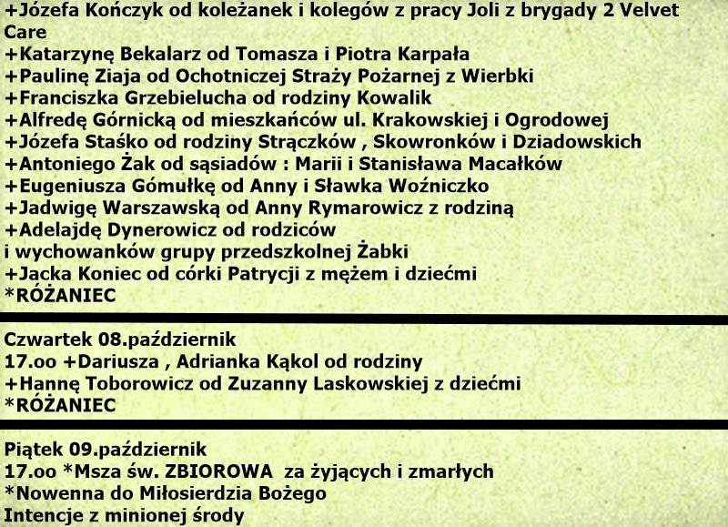 Intencje mszalne – Październik 2026, część 2