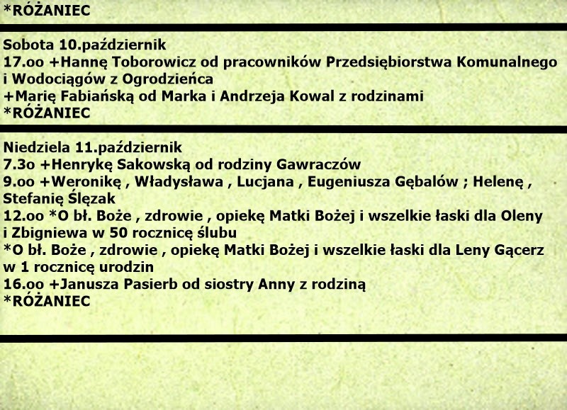 Intencje mszalne – Październik 2026, część 3
